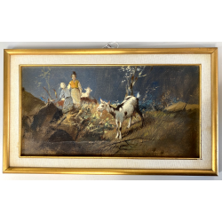 ANTICO QUADRO OLIO TAVOLA A. Soressi GENERE PAESAGGIO PASTORELLE GREGGE CAPRA