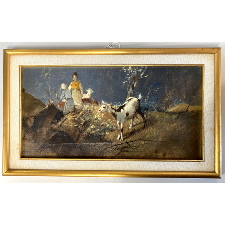 ANTICO QUADRO OLIO TAVOLA A. Soressi GENERE PAESAGGIO PASTORELLE GREGGE CAPRA