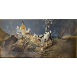 ANTICO QUADRO OLIO TAVOLA A. Soressi GENERE PAESAGGIO PASTORELLE GREGGE CAPRA