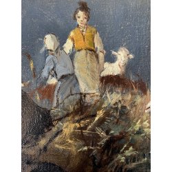 ANTICO QUADRO OLIO TAVOLA A. Soressi GENERE PAESAGGIO PASTORELLE GREGGE CAPRA