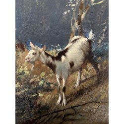 ANTICO QUADRO OLIO TAVOLA A. Soressi GENERE PAESAGGIO PASTORELLE GREGGE CAPRA