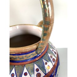 BROCCA GLOBULARE MANICO MAIOLICA LUSTRO METALLICO DECORO MOTIVO GRIFONI 33cm/h