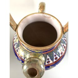 BROCCA GLOBULARE MANICO MAIOLICA LUSTRO METALLICO DECORO MOTIVO GRIFONI 33cm/h