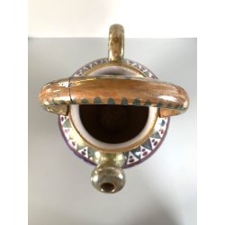 BROCCA GLOBULARE MANICO MAIOLICA LUSTRO METALLICO DECORO MOTIVO GRIFONI 33cm/h