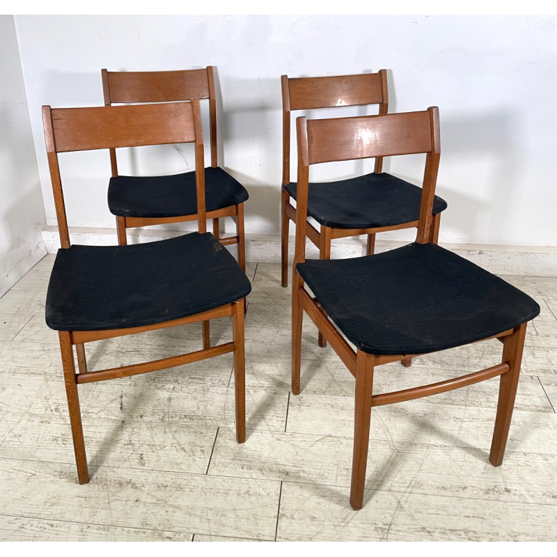 LOTTO 4 SEDIE VINTAGE ANNI 60 DANESI LEGNO SEDUTA STOFFA NERA TAVOLO PRANZO