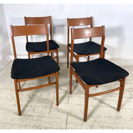 LOTTO 4 SEDIE VINTAGE ANNI 60 DANESI LEGNO SEDUTA STOFFA NERA TAVOLO PRANZO