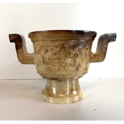 ANTICO VASO ALABASTRO RITUALE CINESE PRESE LATERALI DECORO INCISO DRAGHI 11 cm/h