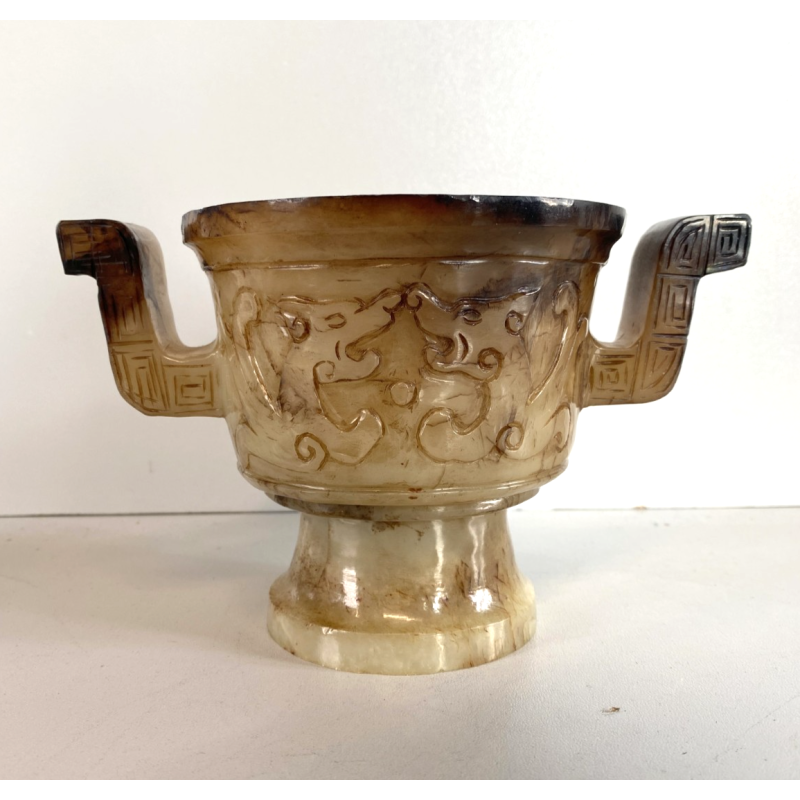 ANTICO VASO ALABASTRO RITUALE CINESE PRESE LATERALI DECORO INCISO DRAGHI 11 cm/h