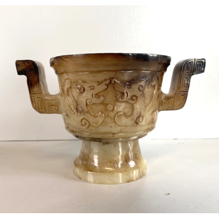 ANTICO VASO ALABASTRO RITUALE CINESE PRESE LATERALI DECORO INCISO DRAGHI 11 cm/h