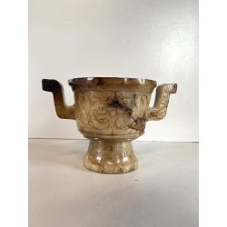 ANTICO VASO ALABASTRO RITUALE CINESE PRESE LATERALI DECORO INCISO DRAGHI 11 cm/h