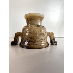 ANTICO VASO ALABASTRO RITUALE CINESE PRESE LATERALI DECORO INCISO DRAGHI 11 cm/h