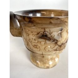 ANTICO VASO ALABASTRO RITUALE CINESE PRESE LATERALI DECORO INCISO DRAGHI 11 cm/h