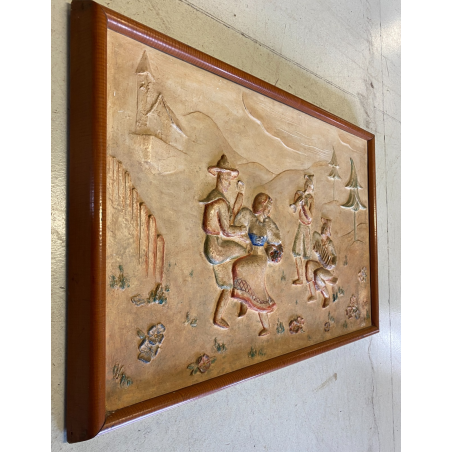 ANTICO BASSORILIEVO PLACCA DECORATIVA GESSO SCENA GENERE DANZA MUSICA ALPI '900