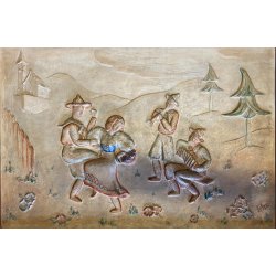 ANTICO BASSORILIEVO PLACCA DECORATIVA GESSO SCENA GENERE DANZA MUSICA ALPI '900