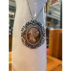 STUPENDO ANTICO CIONDOLO SPILLA FILIGRANA ARGENTO 800 DIPINTO MINIATURA '900
