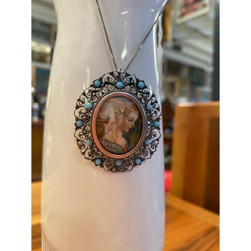 STUPENDO ANTICO CIONDOLO SPILLA FILIGRANA ARGENTO 800 DIPINTO MINIATURA '900