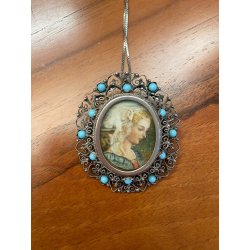 STUPENDO ANTICO CIONDOLO SPILLA FILIGRANA ARGENTO 800 DIPINTO MINIATURA '900