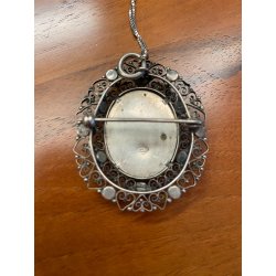 STUPENDO ANTICO CIONDOLO SPILLA FILIGRANA ARGENTO 800 DIPINTO MINIATURA '900