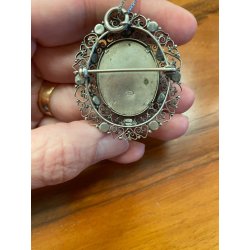 STUPENDO ANTICO CIONDOLO SPILLA FILIGRANA ARGENTO 800 DIPINTO MINIATURA '900