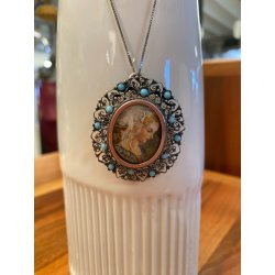 STUPENDO ANTICO CIONDOLO SPILLA FILIGRANA ARGENTO 800 DIPINTO MINIATURA '900