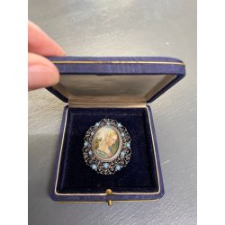 STUPENDO ANTICO CIONDOLO SPILLA FILIGRANA ARGENTO 800 DIPINTO MINIATURA '900