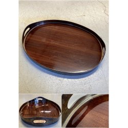 VASSOIO OVALE CENTROTAVOLA ARGENTATO BASE LEGNO MOGANO DESIGN MID CENTURY MODERN