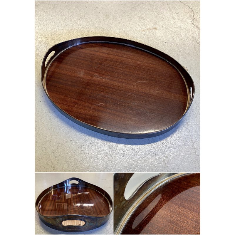 VASSOIO OVALE CENTROTAVOLA ARGENTATO BASE LEGNO MOGANO DESIGN MID CENTURY MODERN