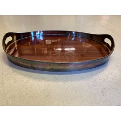 VASSOIO OVALE CENTROTAVOLA ARGENTATO BASE LEGNO MOGANO DESIGN MID CENTURY MODERN