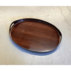 VASSOIO OVALE CENTROTAVOLA ARGENTATO BASE LEGNO MOGANO DESIGN MID CENTURY MODERN