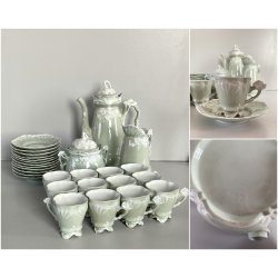 SERVIZIO Caffè 12 pers. PORCELLANA Jugendstil ART NOUVEAU BIANCO VERDE AUSTRIA