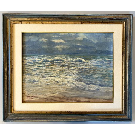 QUADRO DIPINTO OLIO TAVOLETTA A. Pochettino PAESAGGIO COSTIERO MARINA 1976