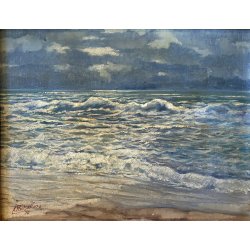 QUADRO DIPINTO OLIO TAVOLETTA A. Pochettino PAESAGGIO COSTIERO MARINA 1976