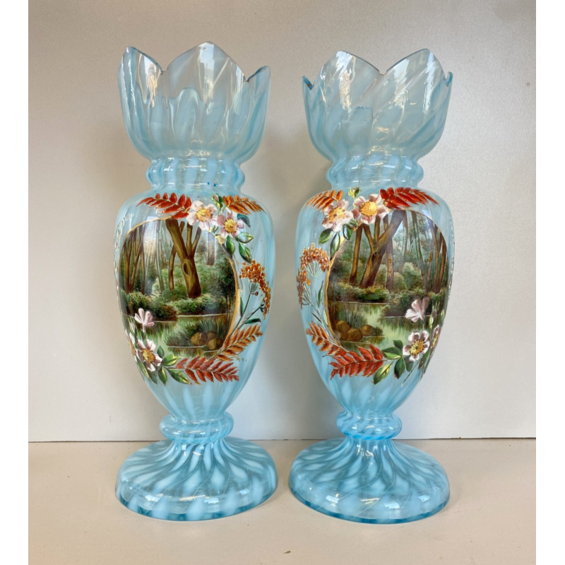 COPPIA VASO VITTORIANO VETRO OPALINO AZZURRO DECORO PAESAGGIO BOSCHIVO COROLLA