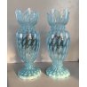 COPPIA VASO VITTORIANO VETRO OPALINO AZZURRO DECORO PAESAGGIO BOSCHIVO COROLLA