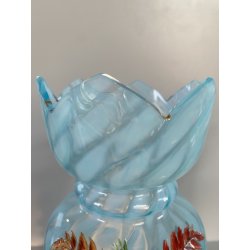 COPPIA VASO VITTORIANO VETRO OPALINO AZZURRO DECORO PAESAGGIO BOSCHIVO COROLLA