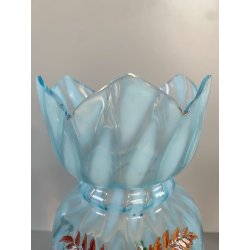 COPPIA VASO VITTORIANO VETRO OPALINO AZZURRO DECORO PAESAGGIO BOSCHIVO COROLLA