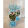 COPPIA VASO VITTORIANO VETRO OPALINO AZZURRO DECORO PAESAGGIO BOSCHIVO COROLLA