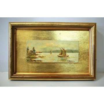 ANTICO DIPINTO OLIO TAVOLA F. Zonaro VEDUTA MARINA PORTO TRAMONTO ALBA VELIERO