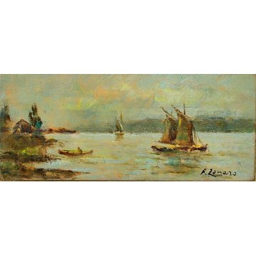 ANTICO DIPINTO OLIO TAVOLA F. Zonaro VEDUTA MARINA PORTO TRAMONTO ALBA VELIERO