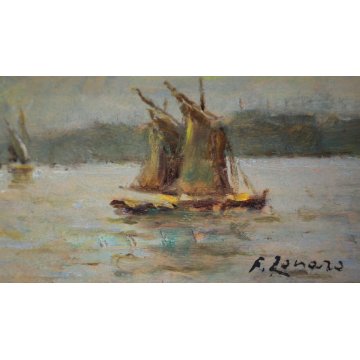 ANTICO DIPINTO OLIO TAVOLA F. Zonaro VEDUTA MARINA PORTO TRAMONTO ALBA VELIERO