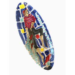 PIATTO OVALE da PARETE Stile Elio Schiavon CERAMICA SMALTATA DECORO PESCATORE