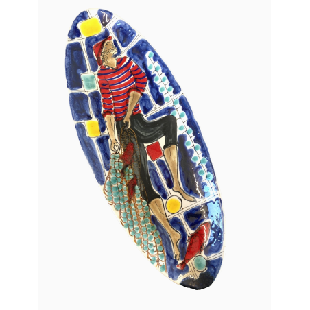 PIATTO OVALE da PARETE Stile Elio Schiavon CERAMICA SMALTATA DECORO PESCATORE
