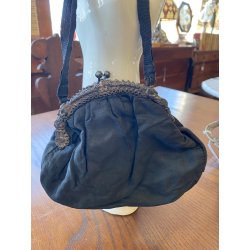 BORSETTA BORSA POCHETTE VITTORIANA SETA NERA E VIOLA CHIUSURA METALLO INTARSIATO