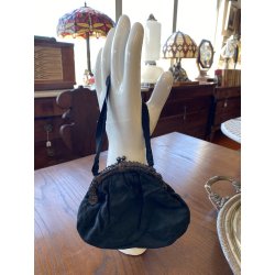 BORSETTA BORSA POCHETTE VITTORIANA SETA NERA E VIOLA CHIUSURA METALLO INTARSIATO