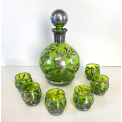 ANTICO SET LIQUORE ROSOLIO DECANTER 6 PERS. VETRO MURANO DECORO SILVER OVERLAY
