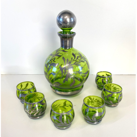ANTICO SET LIQUORE ROSOLIO DECANTER 6 PERS. VETRO MURANO DECORO SILVER OVERLAY