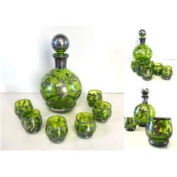 ANTICO SET LIQUORE ROSOLIO DECANTER 6 PERS. VETRO MURANO DECORO SILVER OVERLAY
