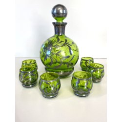 ANTICO SET LIQUORE ROSOLIO DECANTER 6 PERS. VETRO MURANO DECORO SILVER OVERLAY