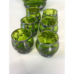ANTICO SET LIQUORE ROSOLIO DECANTER 6 PERS. VETRO MURANO DECORO SILVER OVERLAY