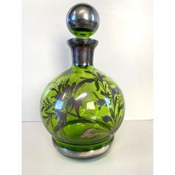 ANTICO SET LIQUORE ROSOLIO DECANTER 6 PERS. VETRO MURANO DECORO SILVER OVERLAY